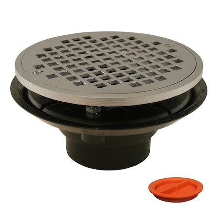 Jones Stephens 2inX3in ABS Shower Drain with 2in Brass Spud and 6in Round Chrome Plated Strainer with Test Plug D50830TP